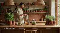 Man Watering Fresh Basil and Herbs in a Cozy Kitchen