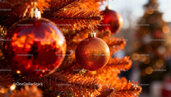 Close-up of Orange Christmas Ornaments on Tree Branch