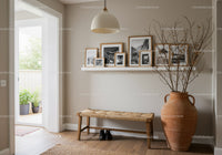 Cozy entryway with rustic bench and decorative vase