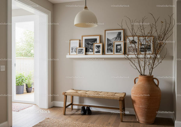 Cozy entryway with rustic bench and decorative vase