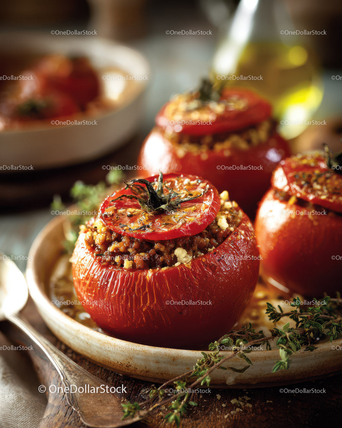 Stuffed Roasted Red Tomatoes with Ground Beef and Fresh Herbs