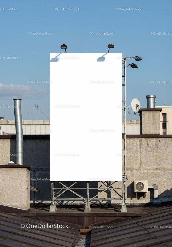 Blank vertical billboard on urban rooftop under blue sky JPG Mockup Image