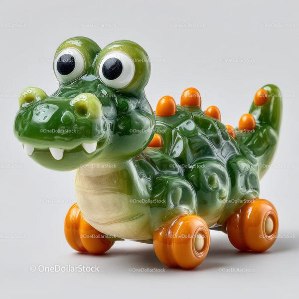 Green Cartoon Dinosaur Toy On Orange Wheels