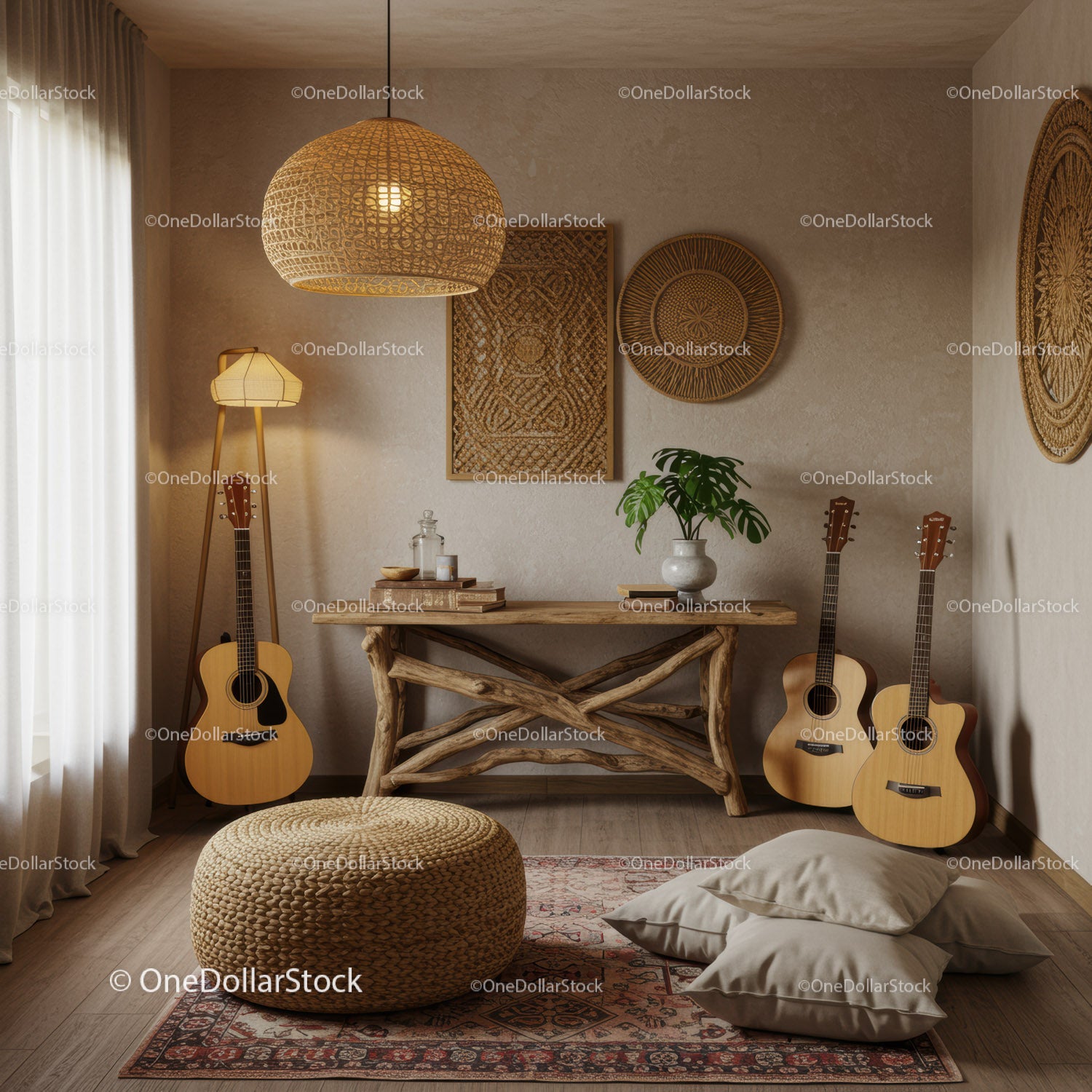 Przytulny salon w stylu boho z gitarami akustycznymi i naturalnym wystrojem