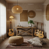Cozy Boho Living Room with Acoustic Guitars and Natural Decor