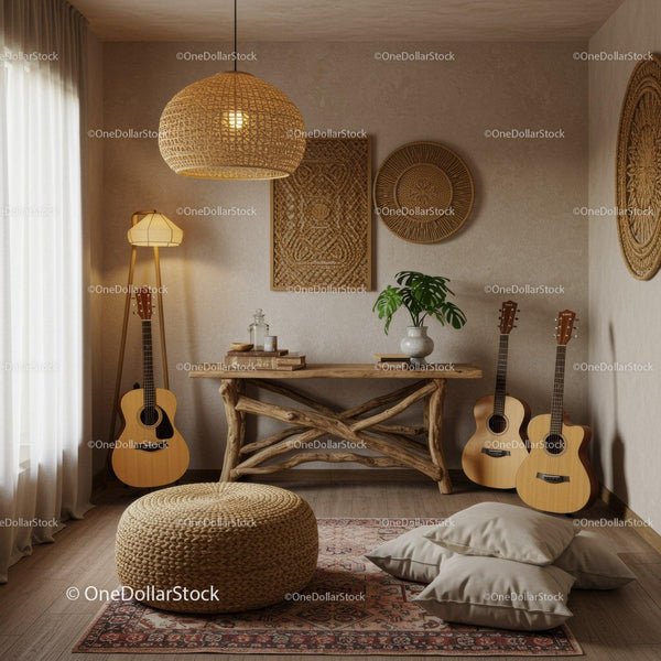 Cozy Boho Living Room with Acoustic Guitars and Natural Decor
