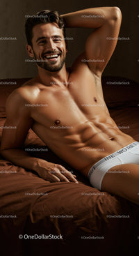 Smiling muscular man relaxing on brown bed sheets