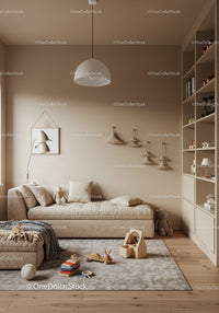 Calm and Cozy Kids Bedroom with Beige Sofa and Playful Toys