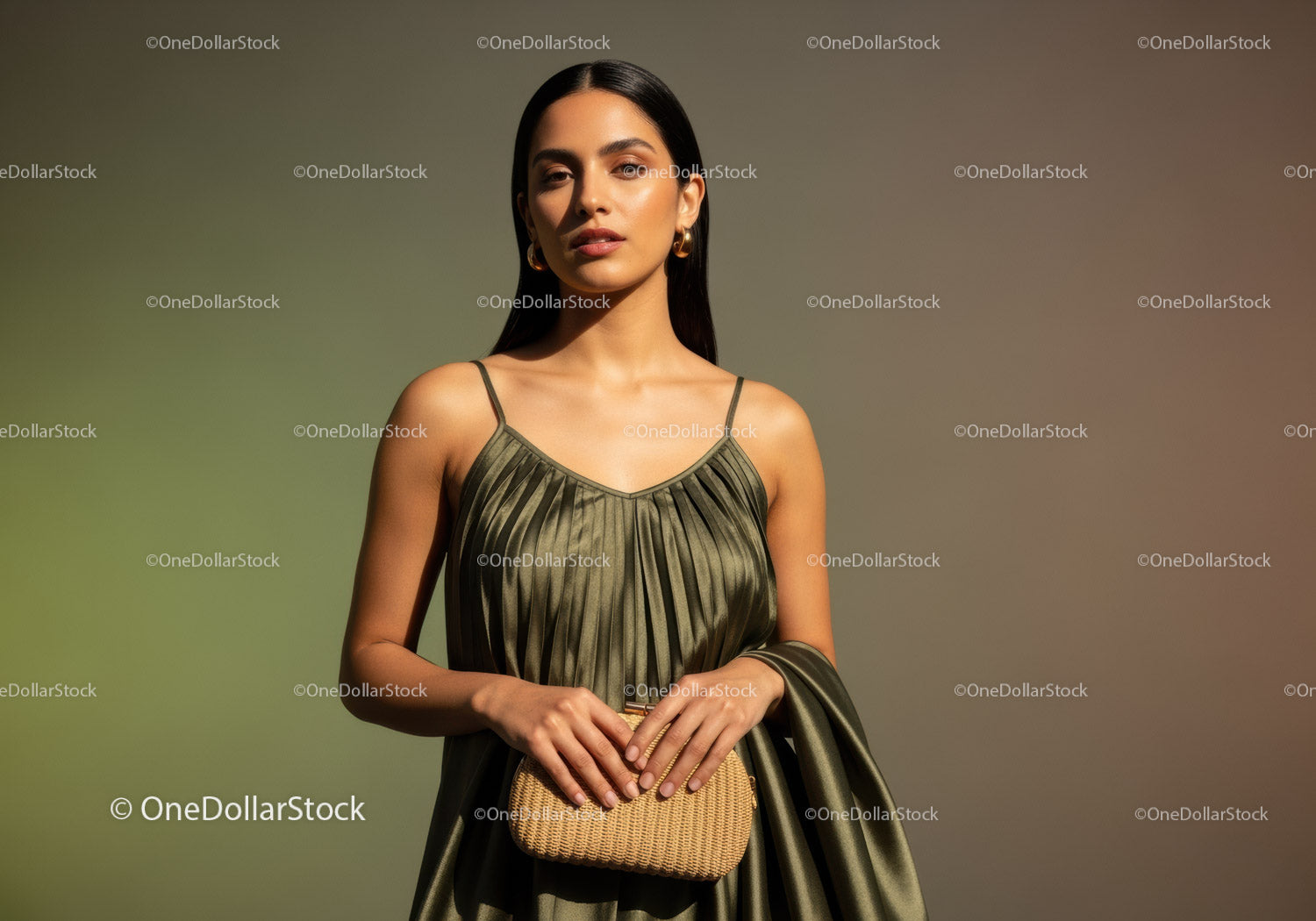 Elegant Fashion Portrait of a Woman in Stylish Dress with Gold Jewelry