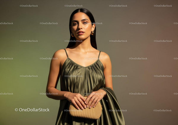 Elegant Fashion Portrait of a Woman in Stylish Dress with Gold Jewelry