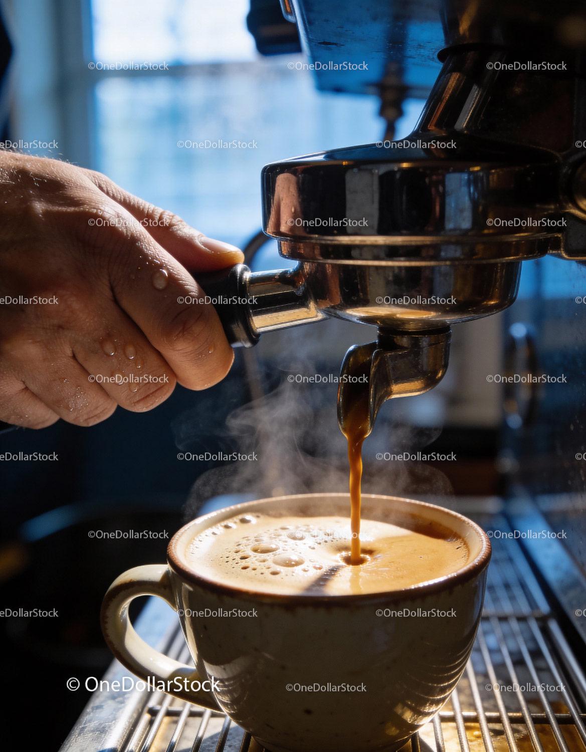 Fresh espresso pouring into ceramic cup with steam