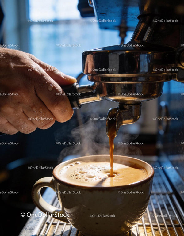 Fresh espresso pouring into ceramic cup with steam