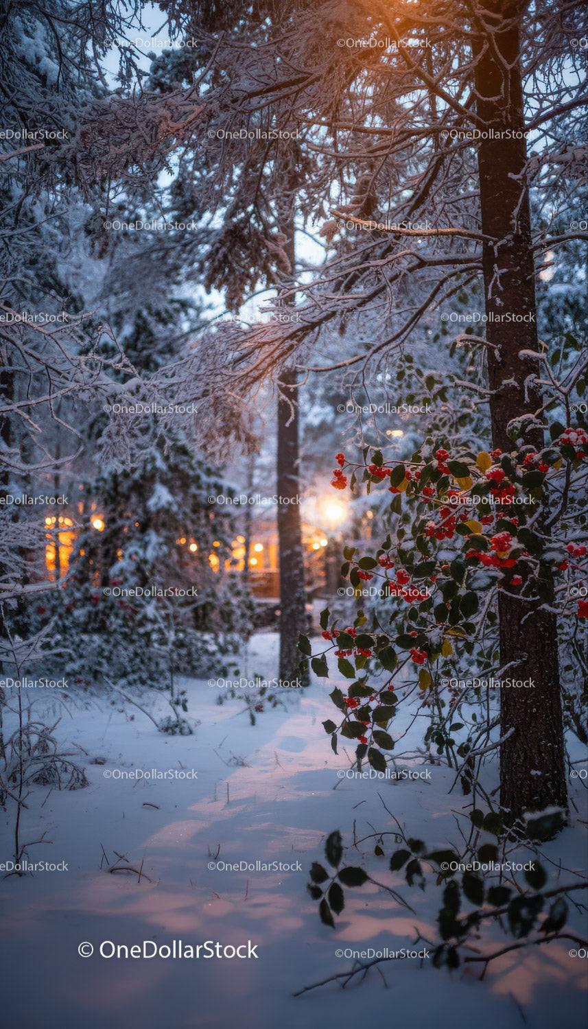 Winter forest path with red berries at twilight