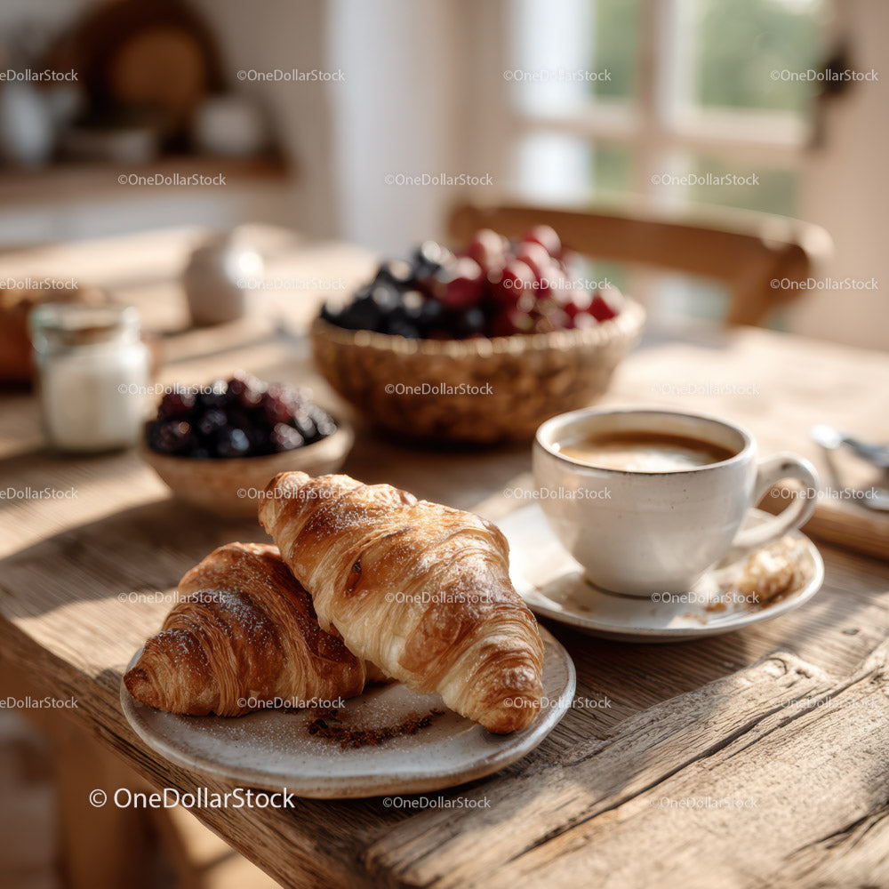 Świeże croissanty i kawa z jagodami na rustykalnym drewnianym stole