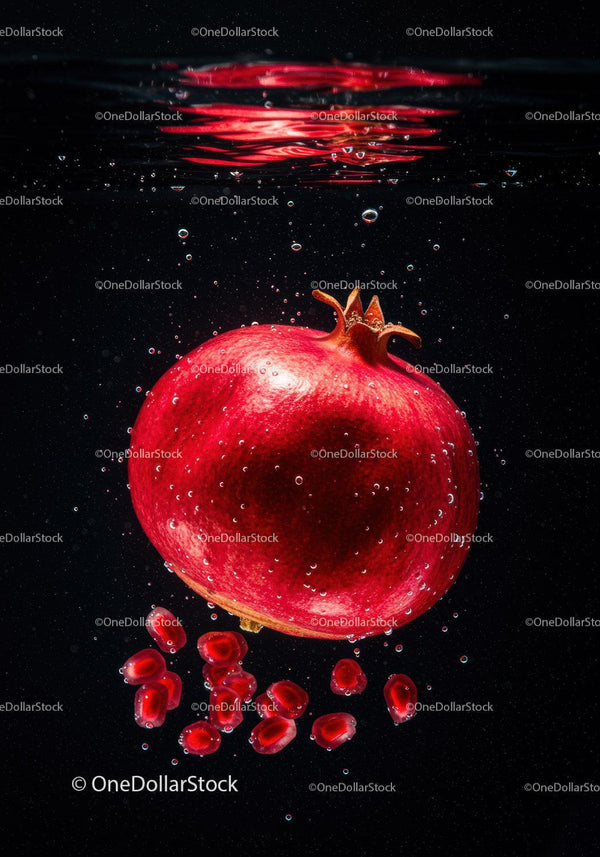 Fresh pomegranate floating in clear water with seeds