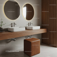 Contemporary Bathroom with Double Vessel Sinks and Wooden Vanity