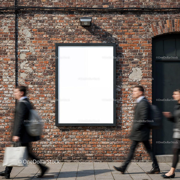 Blank urban billboard on brick wall with blurred pedestrians JPG Mockup Image