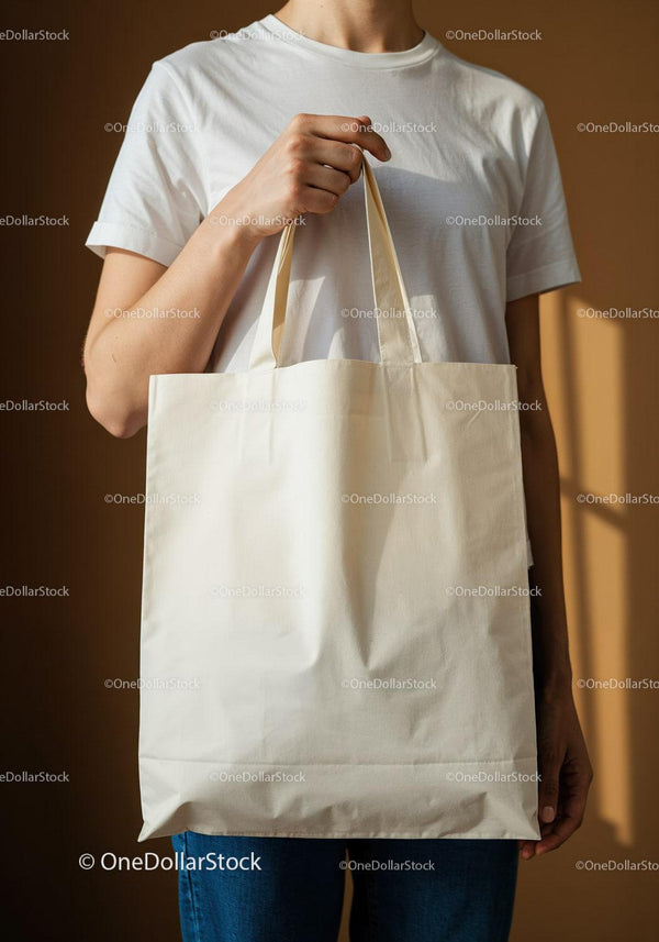 Young person holding empty eco friendly tote bag JPG Mockup Image