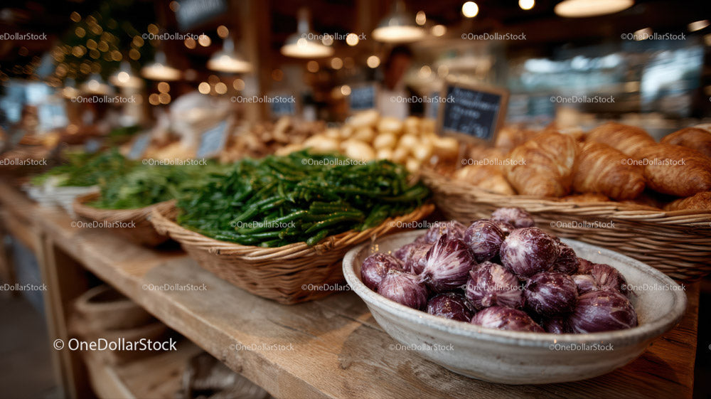 Market Stall with Fresh Green Beans Purple Onions and Croissants