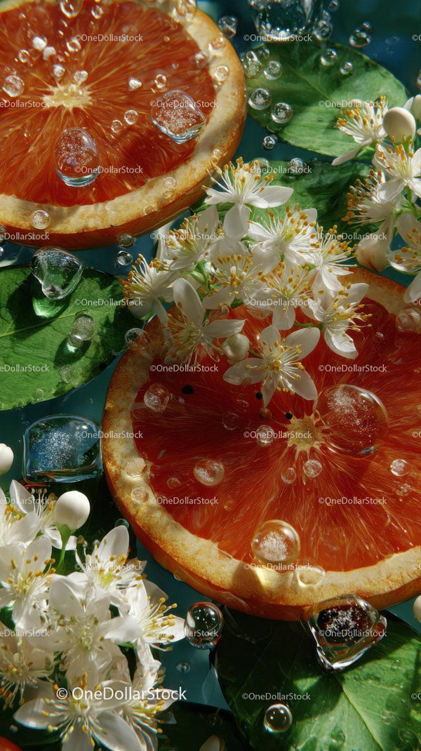 Fresh Grapefruit Slices with Jasmine Flowers and Dew Drops for Summer