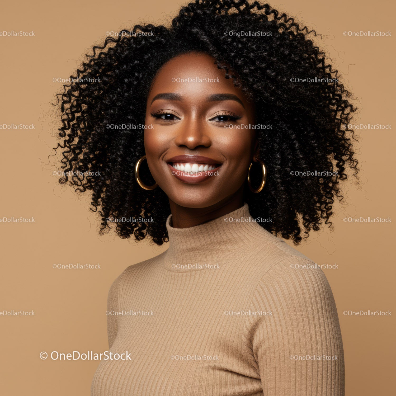 Elegant Black Woman with Curly Hair Smiling in Beige Turtleneck