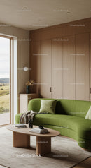 Cozy living room with green curved sofa and natural light