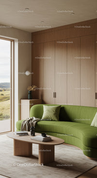 Cozy living room with green curved sofa and natural light