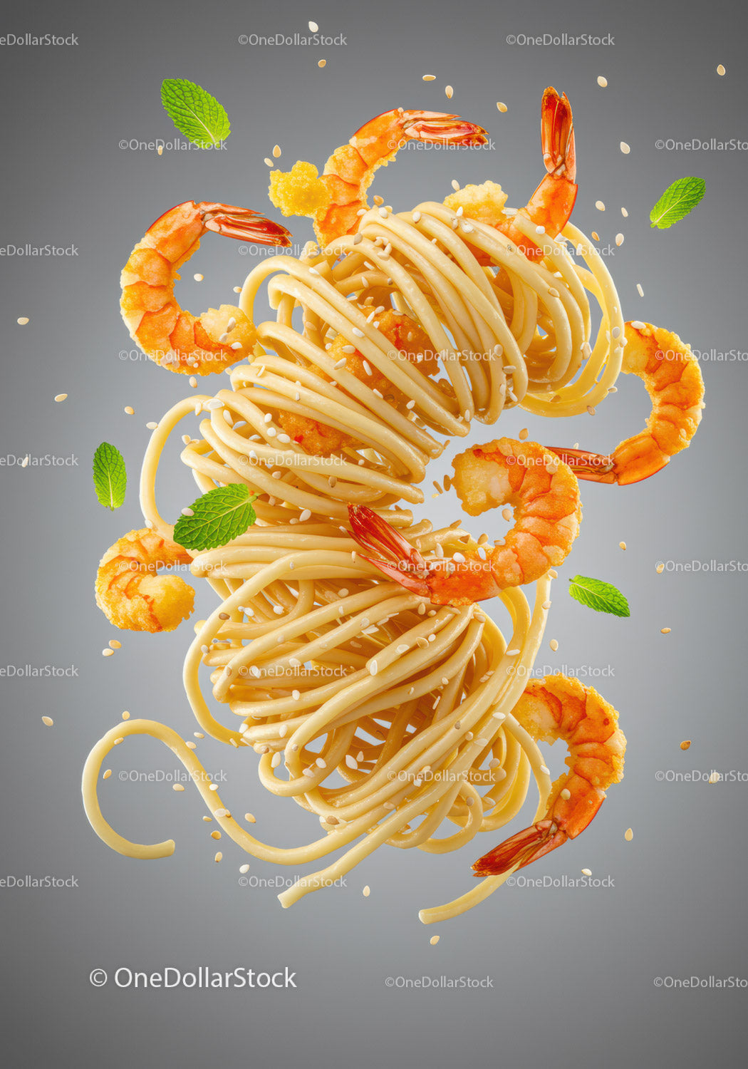Spaghetti z latającymi krewetkami, sezamem i miętą