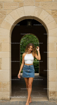 Casual Summer Look of Young Woman in Denim Skirt