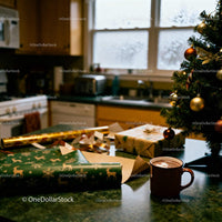 Cozy Christmas gift wrapping with hot cocoa by tree