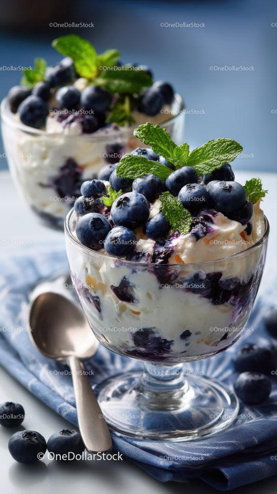 Blueberry Yogurt Dessert with Fresh Mint in Elegant Glass Bowl