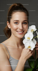 Bright Beautiful Woman Holding White Orchid Flowers with Joyful Expression