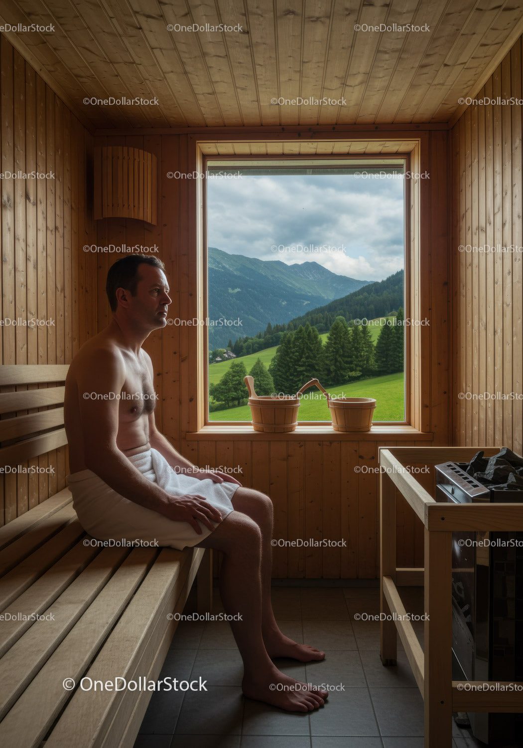 Serene Man Relaxing in Wooden Sauna with Mountain and Green Landscape