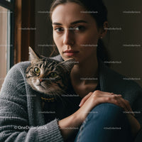 Elegant Woman with Gray Sweater and Cat by Window in Cozy Home
