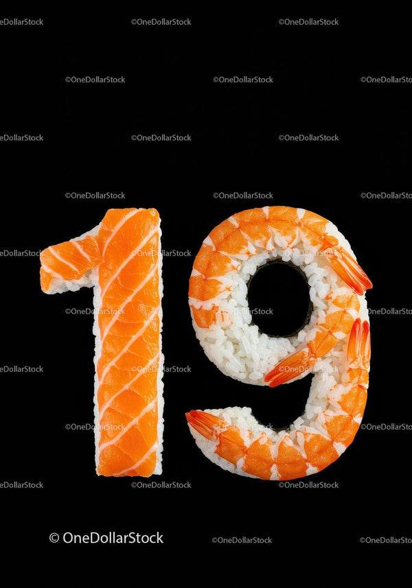Sushi shaped as number nineteen with salmon and shrimp