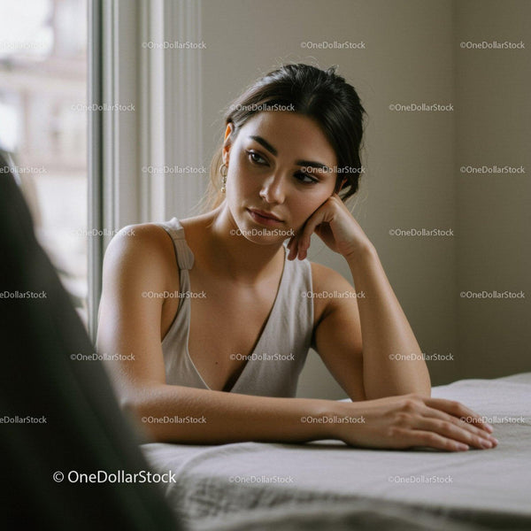 Young Woman Sitting Indoors Reflecting Calmly with Natural Light