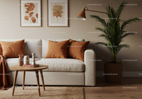 Cozy living room with beige sofa and warm decor