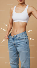 Slim Woman in White Sports Bra and Blue Jeans on Beige Background