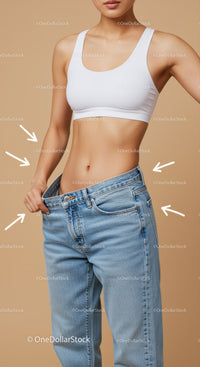 Slim Woman in White Sports Bra and Blue Jeans on Beige Background