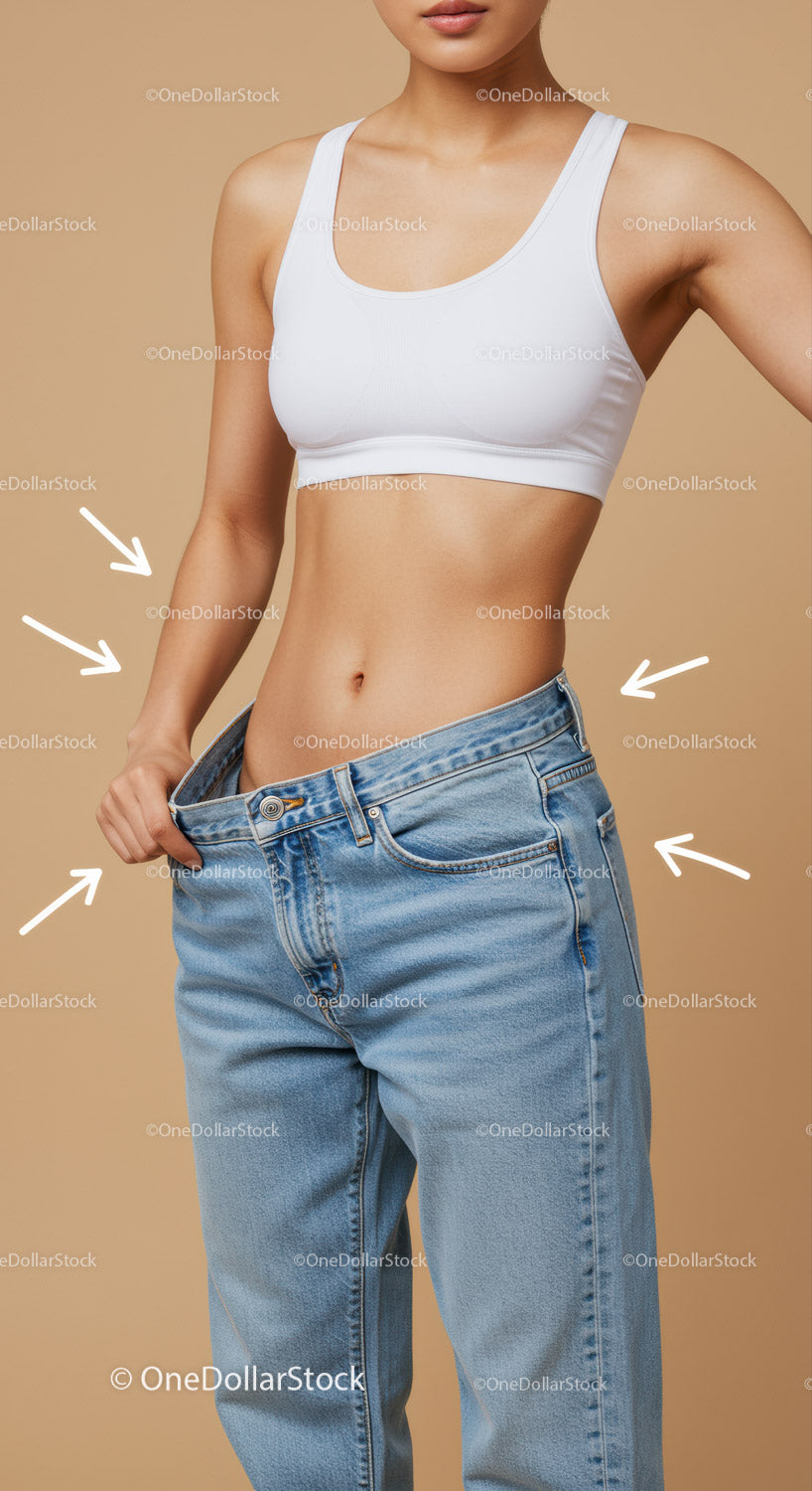 Slim Woman in White Sports Bra and Blue Jeans on Beige Background