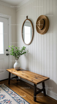 Rustic Wooden Bench with Mirror and Straw Hat in Cozy Entryway