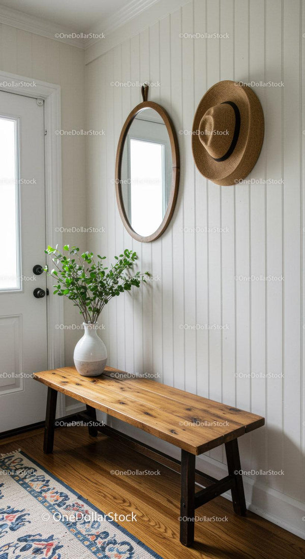 Rustic Wooden Bench with Mirror and Straw Hat in Cozy Entryway