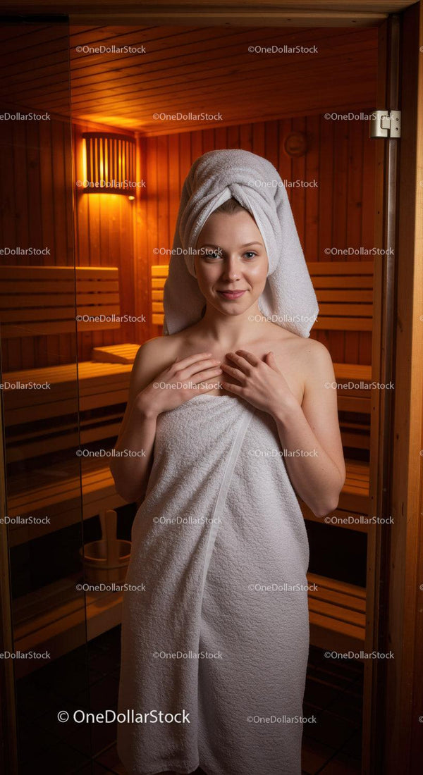 Zrelaksowana kobieta w ręczniku w saunie lub spa wellness