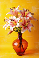 Pink Lily Bouquet in Elegant White Vase with Bright Yellow Background