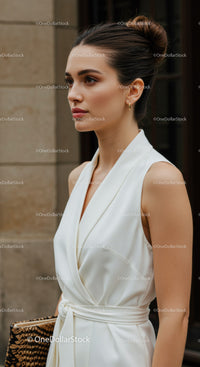 Elegant Woman in White Dress with Brunette Hair and Gold Earrings