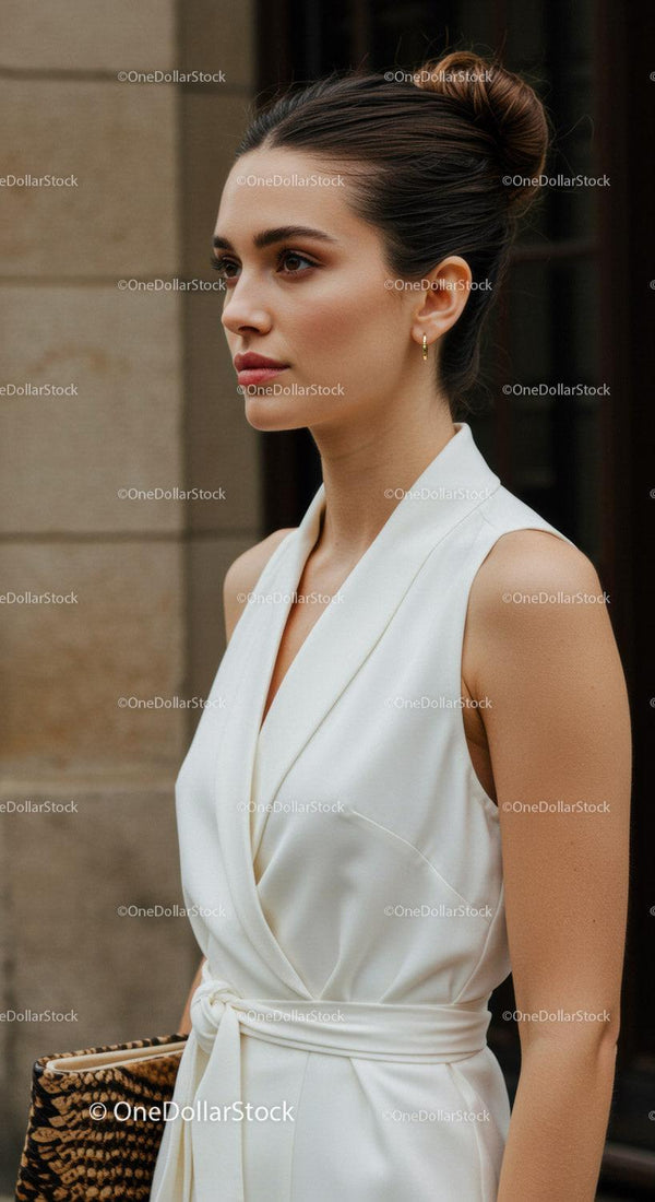 Elegant Woman in White Dress with Brunette Hair and Gold Earrings