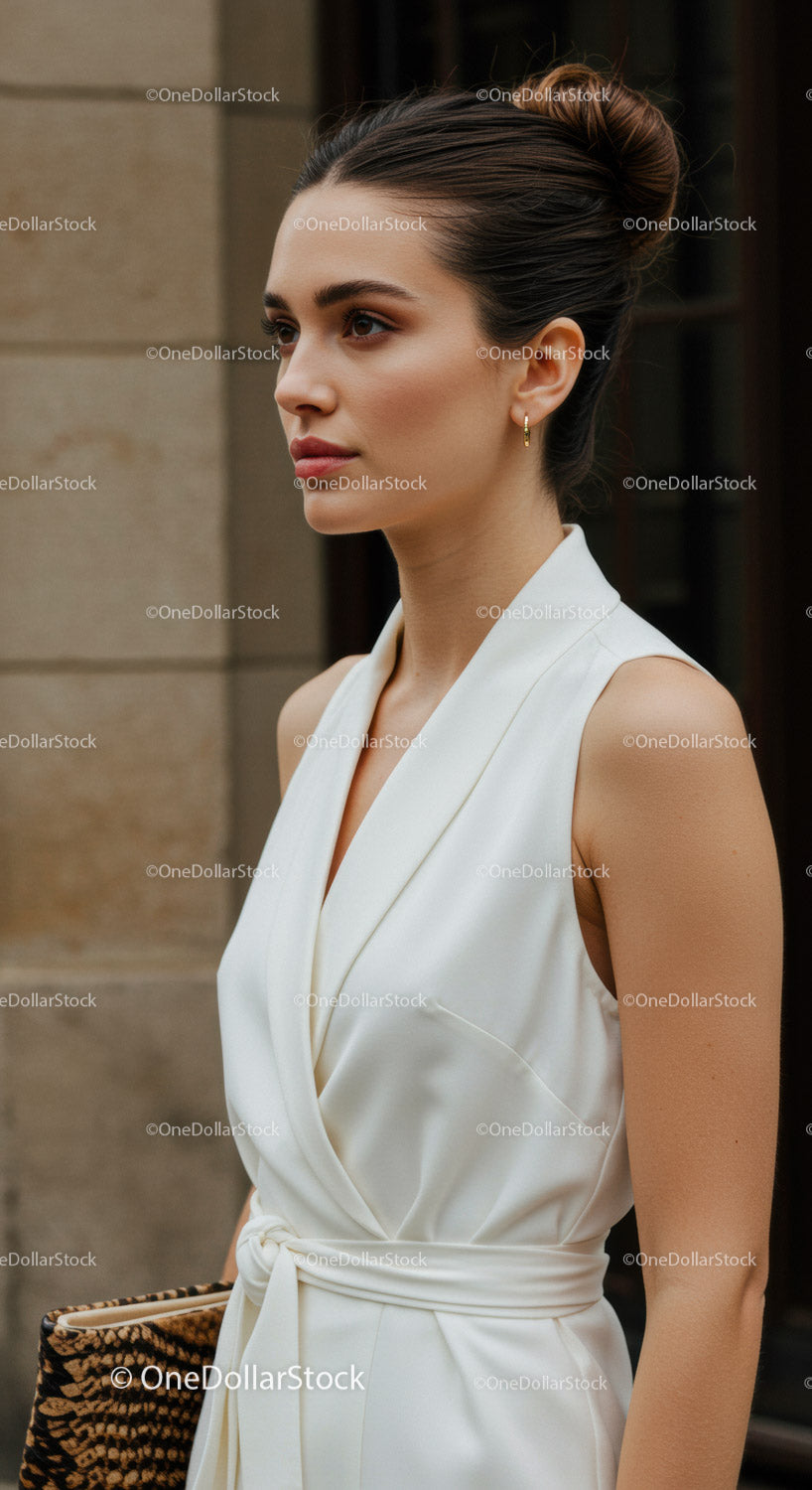 Elegant Woman in White Dress with Brunette Hair and Gold Earrings