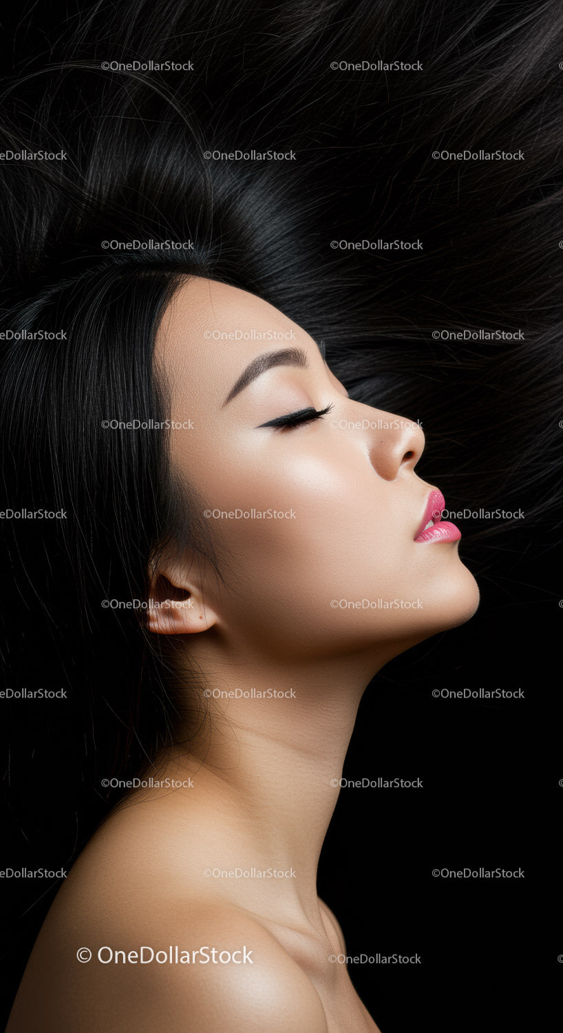 Profile of serene woman with flowing black hair