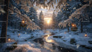 Serene Winter Sunset over Snowy Forest Stream