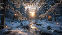 Serene Winter Sunset over Snowy Forest Stream